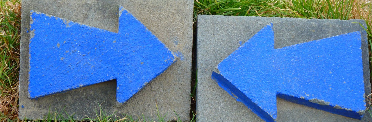 Auf dem Foto sind zwei nebeneinander auf Wiese liegende Steinplatten mit blauen Pfeilen darauf zu sehen, deren Spitzen in der Mitte aufeinander zeigen.