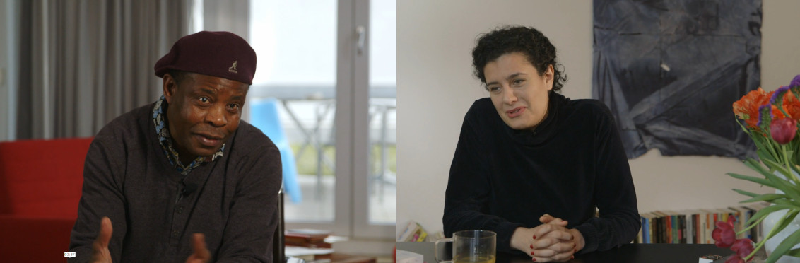 Die Fotomontage zeigt Film-Ausschnitte aus zwei Interviewfilmen: links Ibraimo Alberto, rechts Anna Schapiro.
