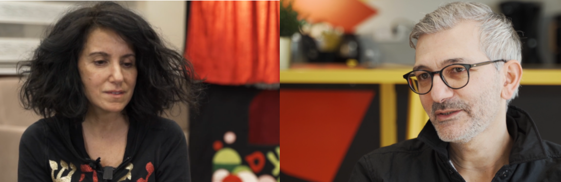 Die Fotomontage zeigt die beiden Protagonist:innen aus den Interviewfilmen: links Shlomit Tripp, rechts Neco Celik.